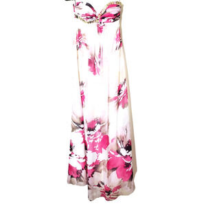 VTG Cache Dress Womens 0 Floral Print‎ Evening Gown Prom Formal Strapless White